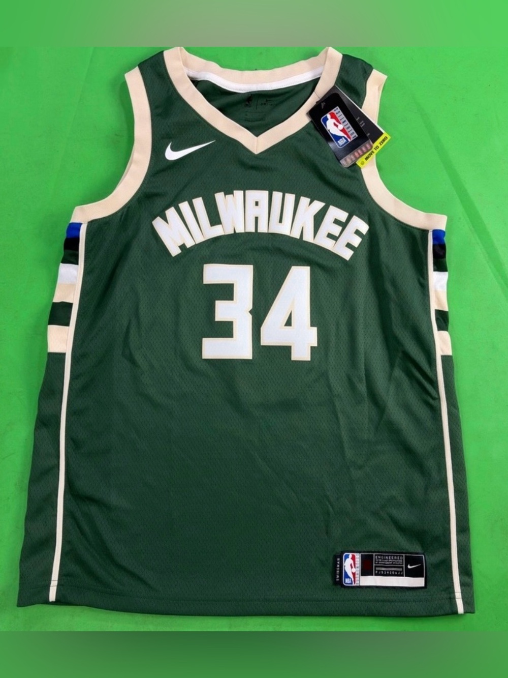 Nike Milwaukee Dark Green and Cream Basketball Jersey #34